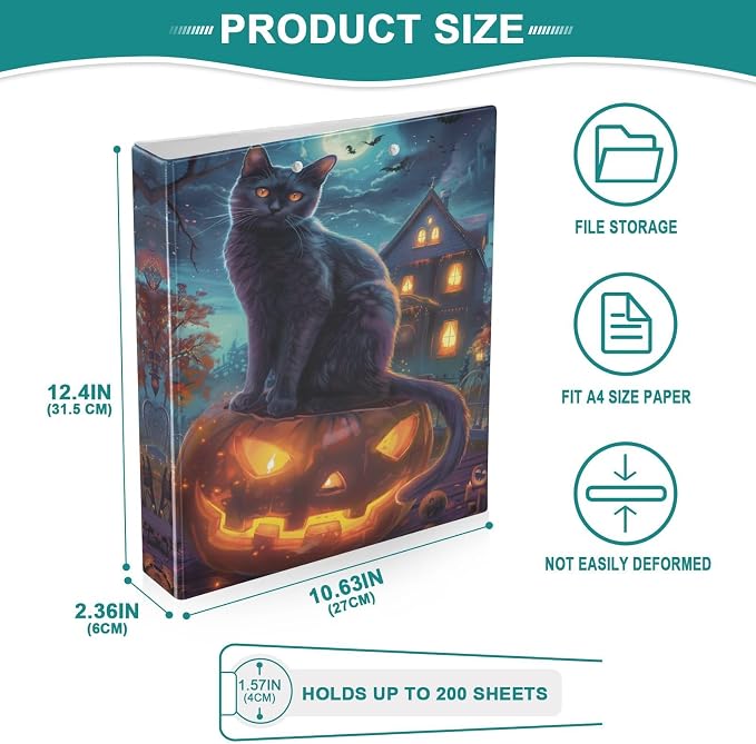 Halloween Cat Pumpkin 1.5 Inch 3 Round Ring Binders with Pocket Clip, Holds 200 Sheets Documents for Office Classroom Student Organization Hard d Ring Binders with Printed