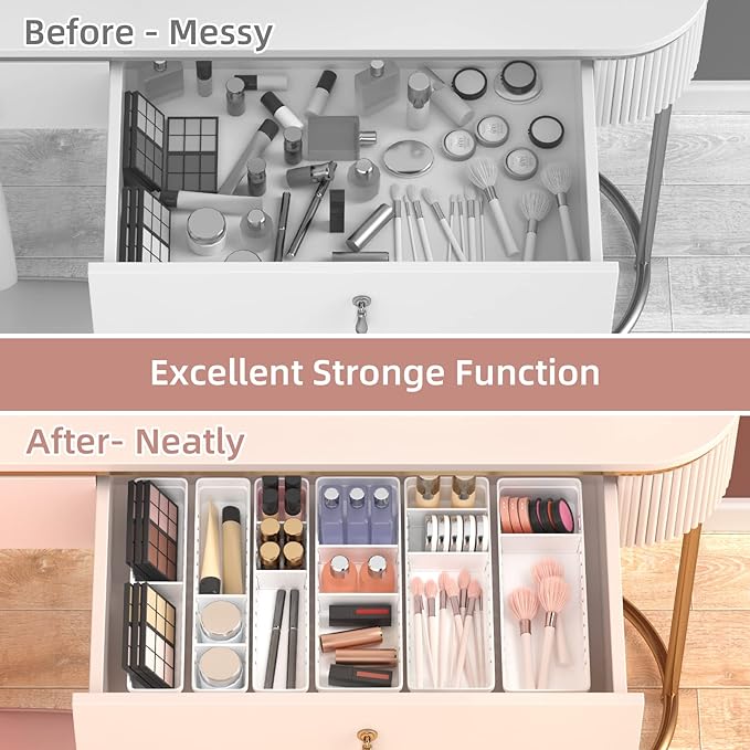 6 PCS Desk Drawer Organizer, Bathroom Drawer Organizer Trays | 12 pcs Dividers Adjustable, 24 Non-Slip Feet, Makeup Organizer Bins for Vanity Clothes Junk Kitchen Utensil, Plastic, White