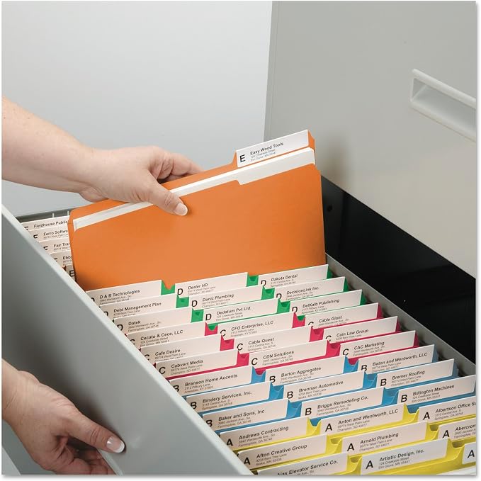 Smead File Folder, Reinforced 1/3-Cut Tab, Letter Size, Assorted Colors, 100 per Box (11993) | Premium colored stock, two-ply reinforced tabs in 3 positions, color-coded home and office drawer filing, SFI certified