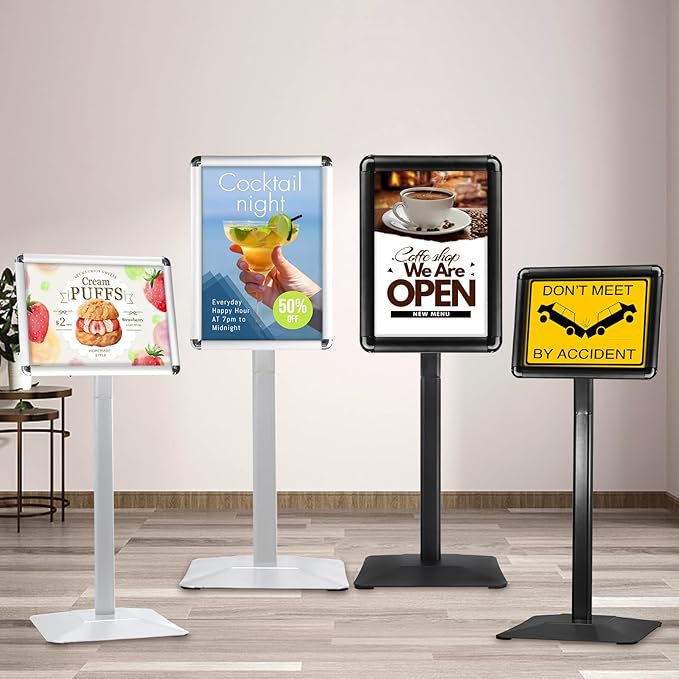 STANDNEE Heavy-duty Poster Stand Holder 11"x 17" Pedestal Floor Standing Sign Holder Vertical and Horizontal View Sign Display, Aluminum Snap Open Frame with Safety Corner, Black