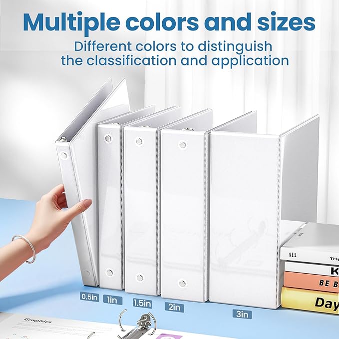 SUNEE 1/2 Inch Binders 3 Ring 10 Pack Bulk, PVC-Free Clear View Half Inch Binders (Fits 8.5x11 Inches) for School, Office & Home Use, White