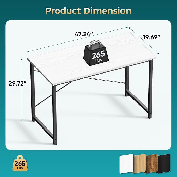 DUMOS 47 Inch Small Computer Desk, Gaming Desks for Home Office Bedroom | Modern Study Writing Work Table, Craft PC Desk Simple Workstation with Reinforcement Structure, Modern White