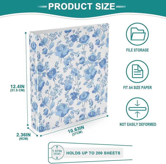 Aslsiy Vintage Blue Floral Moth 3 Ring Binder 1.5 Inch White Round Clipboard Binder Decorative Harcover Binder Organizer for Office Supplies