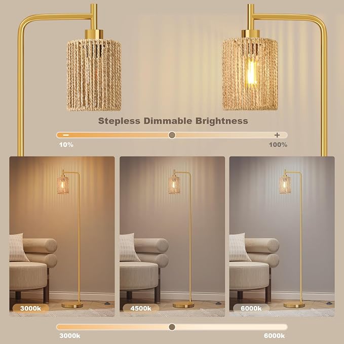 66" Gold Floor Lamp for Living Room, Boho Floor Lamp with Remote Control and LED Bulb, Rattan Shade, Industrial Tall Farmhouse Standing Lamp for Bedroom, Dining Room, Study Room, Office