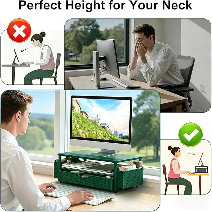 Spacrea Desk Organizer and Accessories, Computer Monitor Stand Riser with Drawer and 2 Pen Holders, Office Desk Accessories & Workspace Organizers for Office Supplies (Dark Green)