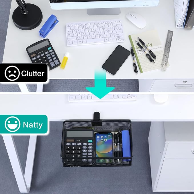 Under Desk Drawer, Clamp on Desk Organizer Under Table Hanging Desk Storage | 2 ways to clamp on: desk side or leg. Under desk organizer, clamp on desk drawer, basket hanging under table shelf, no-drill
