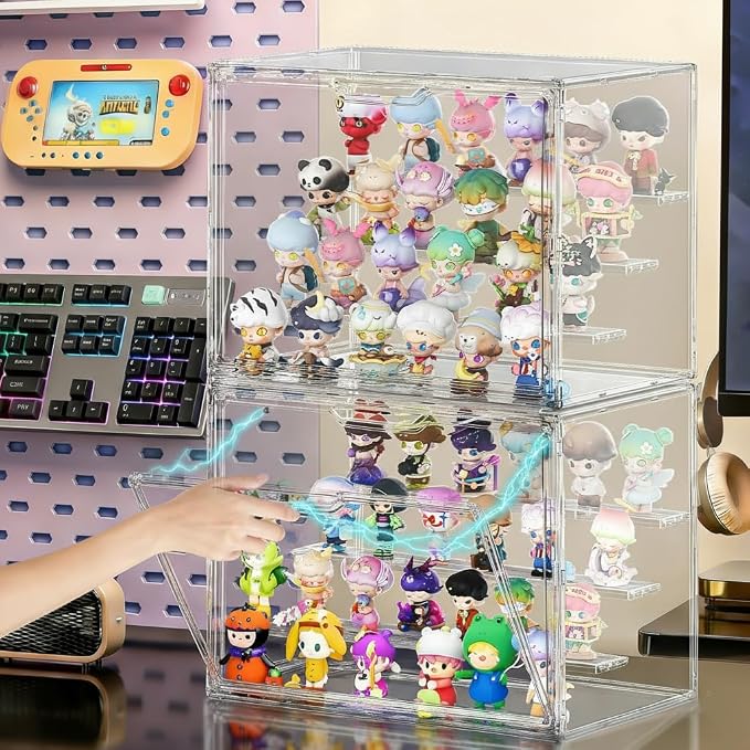 Acrylic Display Case for Collectibles 2 Pack 4 Layer Adjustable Figure Display Cases Large Clear Stackable Figurine Case Box with Magnetic Door & Shelves Hobby Showcase Display Box