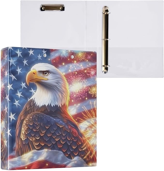 3 Ring Binder Bald Eagle American Flag Brave 1.5 inch Binders Three Ring Binders with Clipboard Fit 8.5'' x 11'' Paper 3 Interior PVC Clear Pockets for Office Supplies