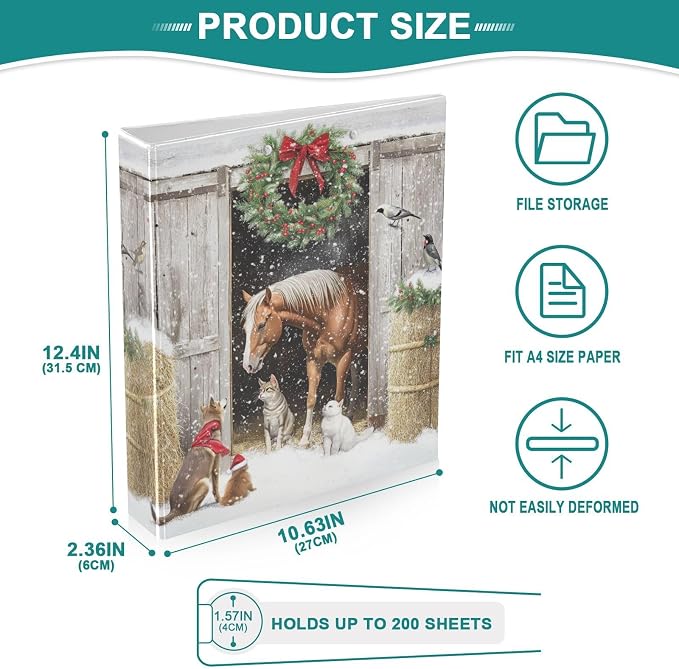 Farmhouse Christmas Barn with Horse Cat Dog Bird 3 Ring Binder 1.5" Decorative D-Ring Binder with Clipboard&3 Clear Pockets, Holds 200 Sheets A4 Size Paper Binders for School Home Office|2 Pack