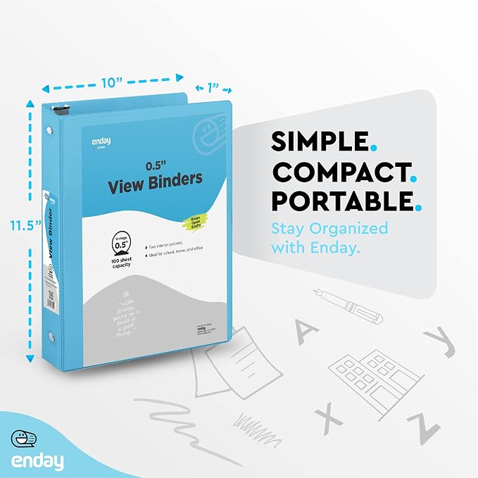 Enday 1/2 inch Binder 3 Ring Binder (6 Pack - Blue) O-Ring Binder with Clear View Cover and 2 Inside Pocket - for Letter Size 8.5 x 11'' Paper, Ideal for School Supplies, Office, and Home