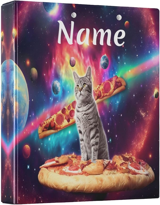Custom 3 Ring Binder Cat Pizza Planets 1.5" Round Ring Binders Personalized Name View Binder with 200 Sheet for Women Men Office Kids School Supplies, 1 Pack
