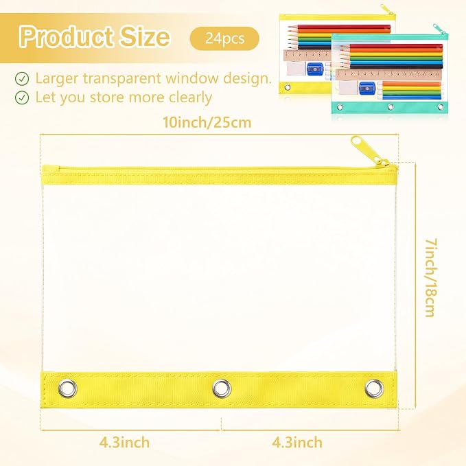 24 Pack Pencil Pouches for 3 Ring Binder Bulk Enlarge Clear Window Pencil Pouches Zipper Pen Case 3 Reinforced Grommet Pen Bag for Binder Utensil Organize Office Supplies(Macaron Colors Series)
