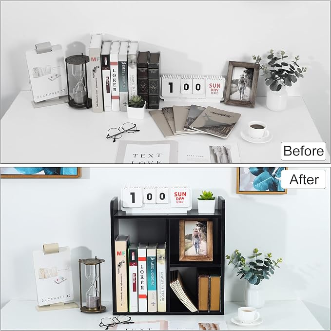 Desktop Shelf Freestanding Wood Small Bookshelf Desk Supplies Organizers and Accessories Storage Display Rack Office Decor for Women, Black