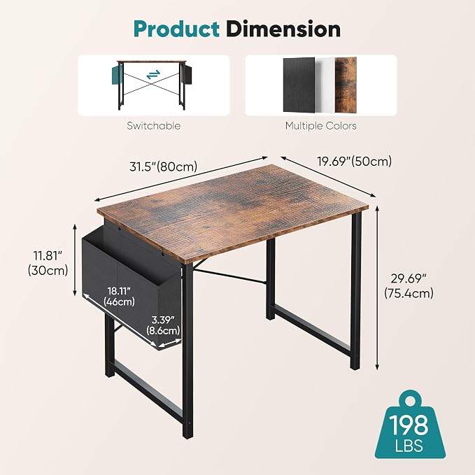 OLIXIS Small Computer Desk, 31 Inch Gaming Desks for Home Office | Writing Study Craft Work Table, Computer Workstation for Bedroom Small Spaces with Storage Bag, Brown