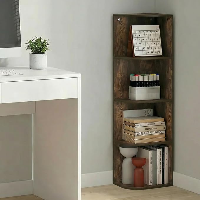 Furinno PASIR Book Shelf, 4-Tier Corner Bookshelf with Open Shelf, Standing Bookcase, 9.3 x 12 x 41.4, for Organization and Storage, for Living Room, Bedroom, Home Office, Amber Pine