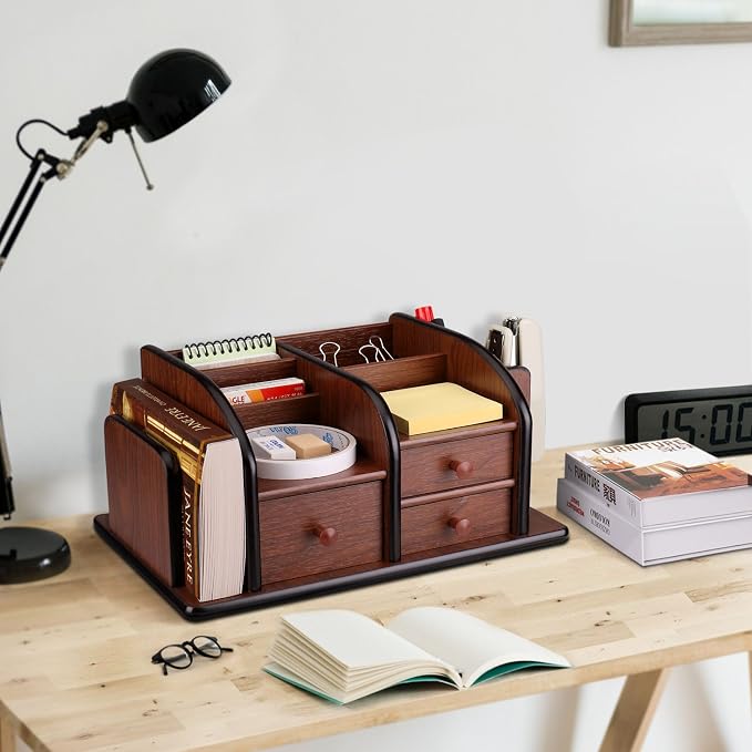 Flexzion Wooden Desk Organizer w/Drawers - Classic Wood Office Supplies Accessories Desktop Tabletop Sorter Shelf Rack Cherry Brown Pencil Holder Caddy Set with 3 Drawers, 3 Compartments & 2 Shelves | Cherry Brown Table Caddy, 12 X 8 X 5.5 In, with 3 C...