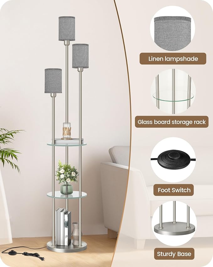 70.9" Floor Lamp with Shelves, for Living Room, 3-Tier Tall Lamp | Modern Shelf Floor Lamp with Foot Switch, 3-Light Standing Lamp, for Bedroom, Study, Office, Silver and Gray HSN53LD05