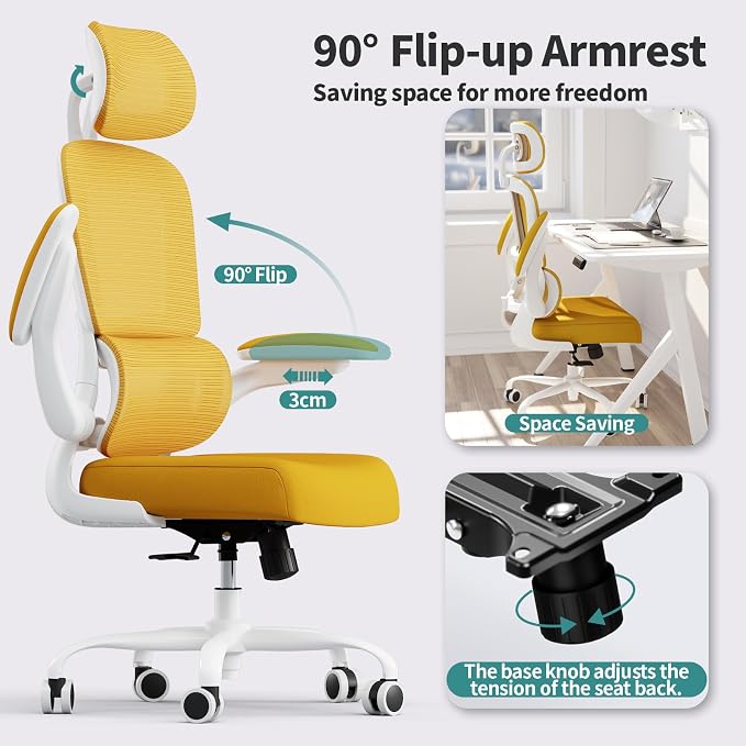 TRALT Office Chair Ergonomic Desk Chair - Gaming Chair with Lumbar Support | 330 LBS Home Office Desk Chairs with Headrest, Reading Chair with Flip-up Armrests, Comfortable Computer Chairs (1, Yellow)