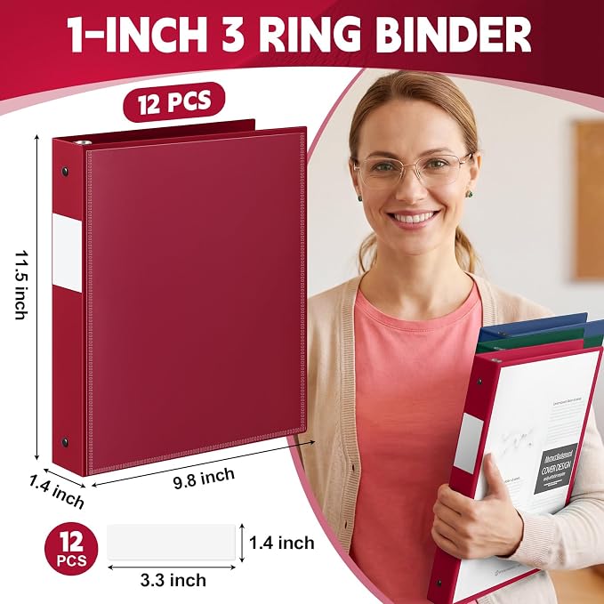 Henoyso 1 Inch 3 Ring Binders with Clear Front Cover and 2 Pockets, Round Ring Binders Fits 8.5'' x 11'' Letter Size Paper for School Office Supplies, 12 Pack (Assorted Assorted Classic Color)