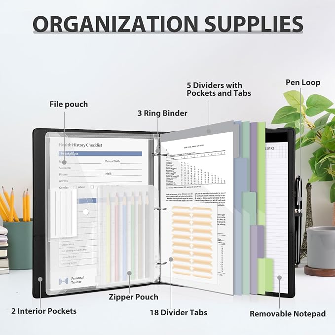 3 Ring Binder with Clipboard,1 Inch Binders with Notepad&5 Dividers with Pockets, Labels,PU Clipboards for School Office(Black,Letter Size)