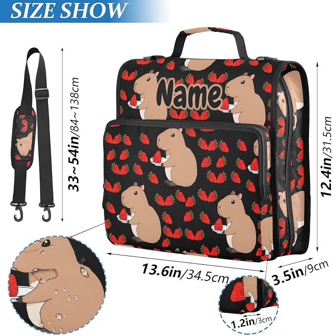Custom Capybara Strawberry Black 3 Ring Binder Bag 1.5 inch Personalized Name Binder Organizer 500 Sheet Documents Storage for School Office