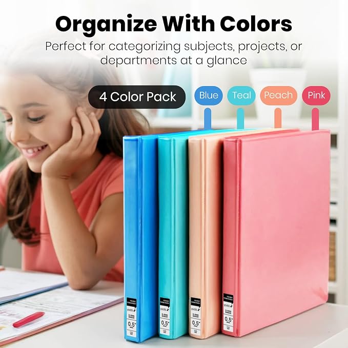 Yoobi 0.5 Inch 3-Ring Binder & 8-Tab Divider Set, 4-Pack, Multicolor | 3-Ring Binder + 8-Tab Divider Set, 2 Interior Pockets, Blank Sticky Labels Included, 4-Pack of Each