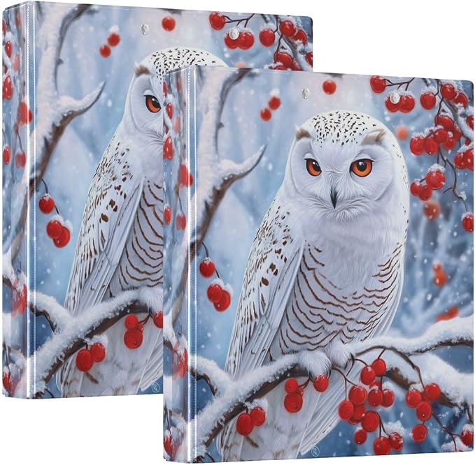 Winter Beautiful Owl with Red Berry Tree 3 Ring Binder 1.5" Decorative D-Ring Binder with Clipboard&3 Clear Pockets, Holds 200 Sheets A4 Size Paper Waterproof Binders for School Home Office|2 Pack