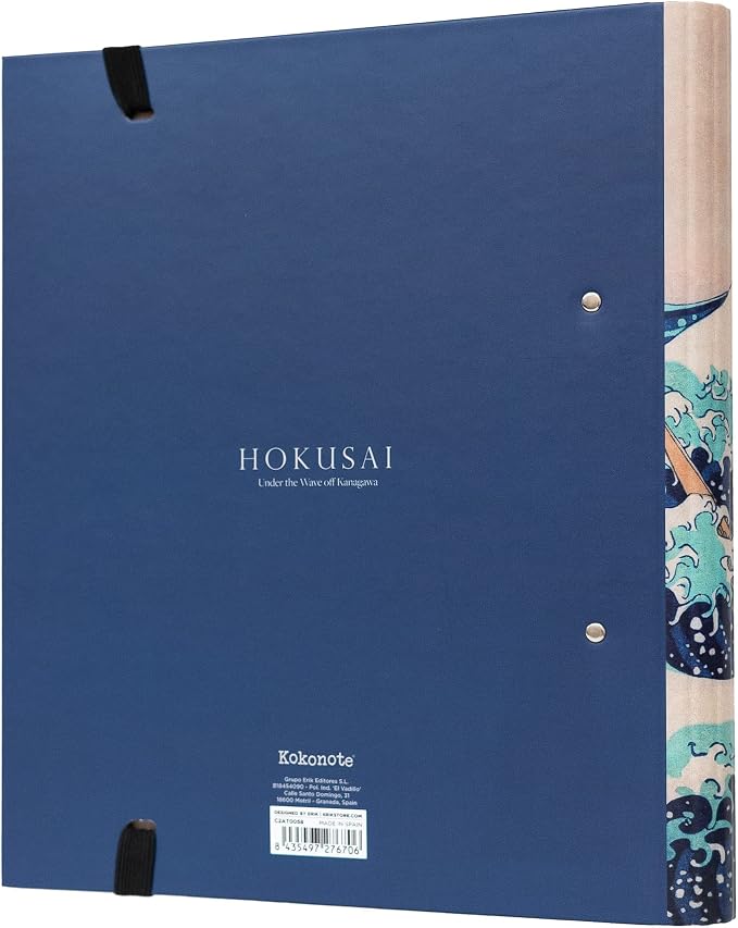 Kokonote Hokusai 2 Ring Binder - A4 - 10.6 x 12.6 inches - 27 x 32 cm - 2 Rings - Japanese Gifts | A4 Folder with Elastic closure, School Folders for Paperwork A4, Back to School Supplies | The Great Wave off Kanagawa