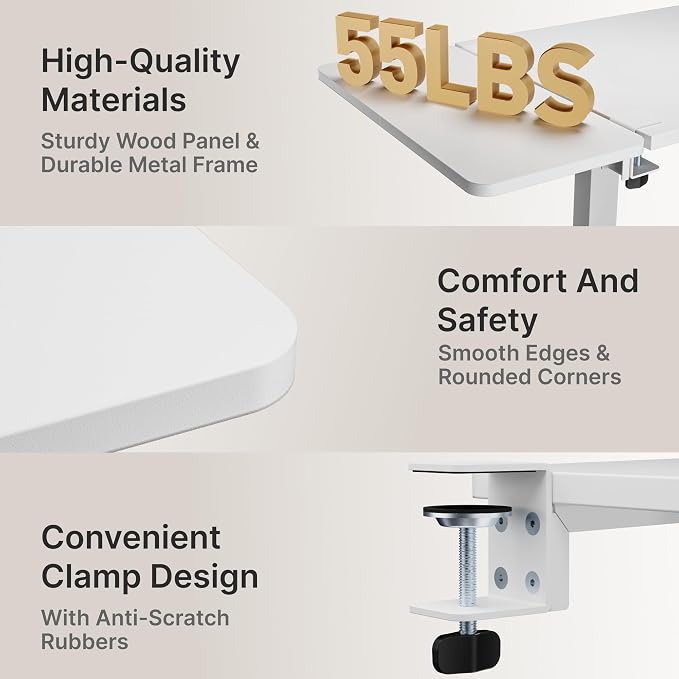 Desk Extender Tray, 24" x 12", with Storage Drawer, Medium, White | Desk Extension, Clamp on Desk Shelf, Clamp on Keyboard Tray for Office and Home, Workstation Organizer