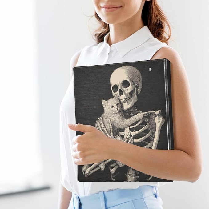 Vintage Skeleton and Cat Retro Gothic Binder 3 Ring 1.5 Inch Binder with Clipboard&Pockets, Hardcover Binders Heavy Duty Large File Folder for Office School Supplies - Holds 200 Sheets