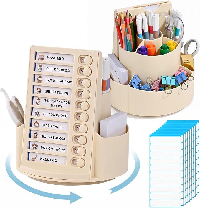 360 Rotating Pen Holder for Desk with Checklist Routine Chart Pencil Organizer To Do List Planning Board with Slider Pen Organizer with 7 Slots Desk Organizers and Accessories for Office School Home