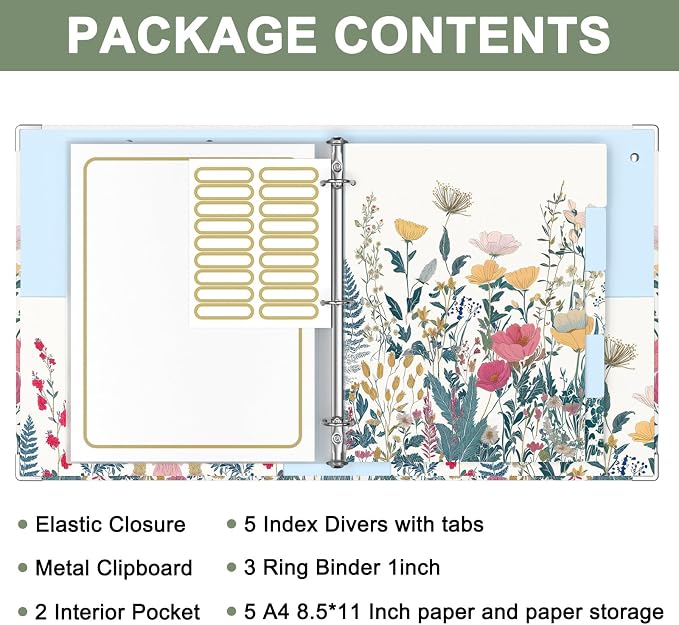 Rouidr 3 Ring Binder with clipboard, 1 inch 8.5 x 11 in Letter Size View Binders Organizer with Dividers Tabs & Clear Sleeves, School Supplies, Office Supplies