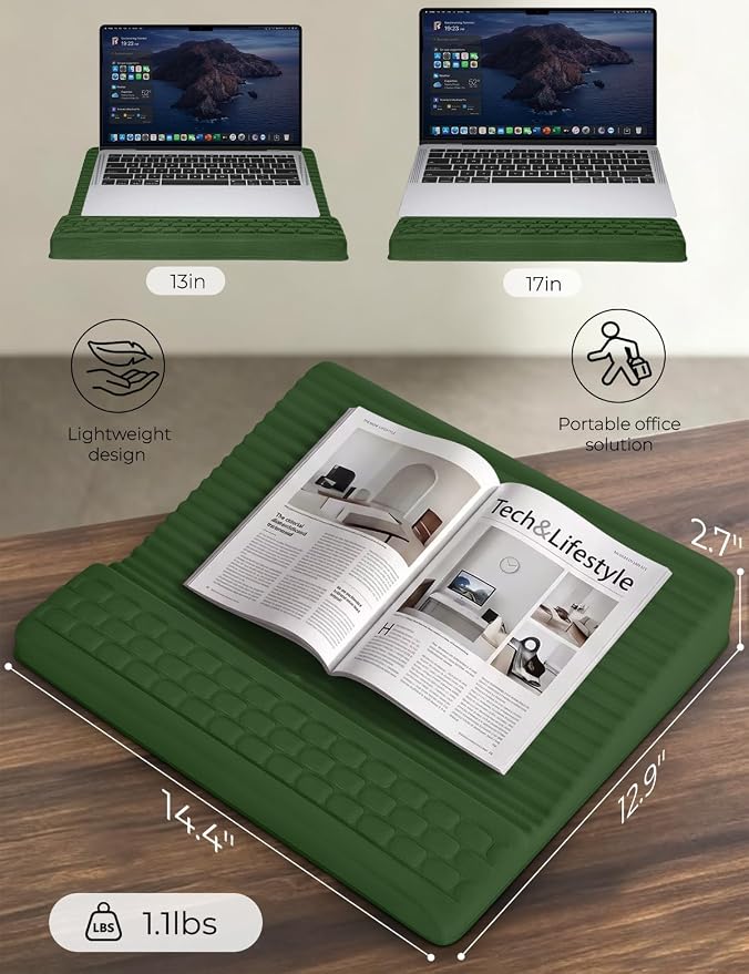 Adjustable Lap Desk with Wrist Rest, Reversible Laptop Stand | Cooling Grip Surface, Fits up to 17'' Laptop, Portable Lap Desk with Pillow Cushion,Computer Tray for Home Office,Grass Green
