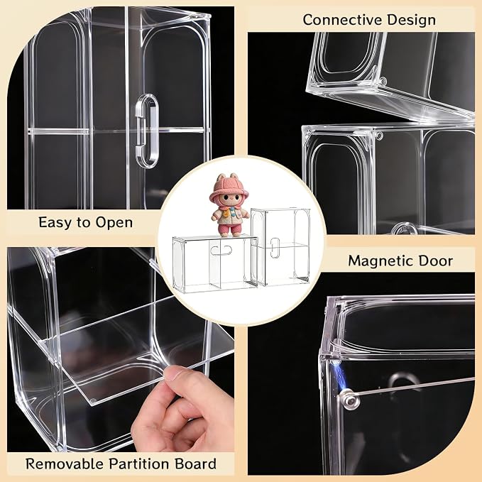 Kuject 8 Pack Clear Display Cases for Collectibles, 2:3 Aspect Ratio Stacking for DIY Display Shelves, Small Figure Display Cases for Labubu with Magnetic Door & Dividers, Dustproof Toy Organizers