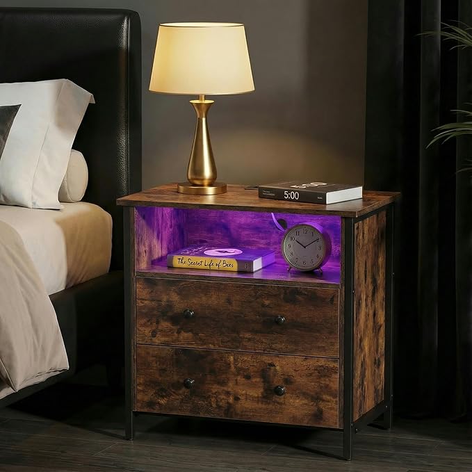 27 Inch LED Nightstand with Charging Station, 2 Drawers, Retro | RGB App Control, 2 AC Outlets & 2 USB Ports, Open Storage, Adjustable Feet, Wood Tall Nightstand for Bedroom or Office