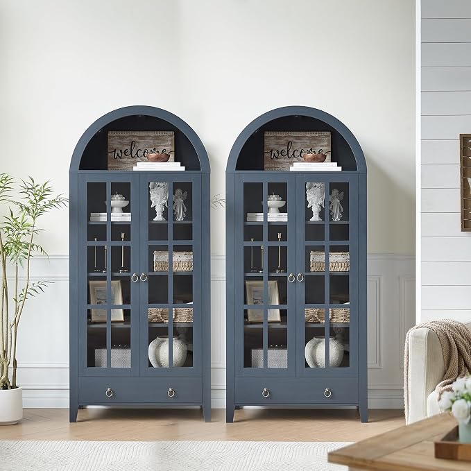 RowyPoey 71" Tall Arched Cabinet Bookshelf with Glass Door & Storage Drawer | Modern Farmhouse Display Cabinet,Adjustable Shelves,Wooden Kitchen Pantry for Dining Room,Living Room,Navy Blue,2 Pack