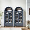 RowyPoey 71" Tall Arched Cabinet Bookshelf with Glass Door & Storage Drawer | Modern Farmhouse Display Cabinet,Adjustable Shelves,Wooden Kitchen Pantry for Dining Room,Living Room,Navy Blue,2 Pack