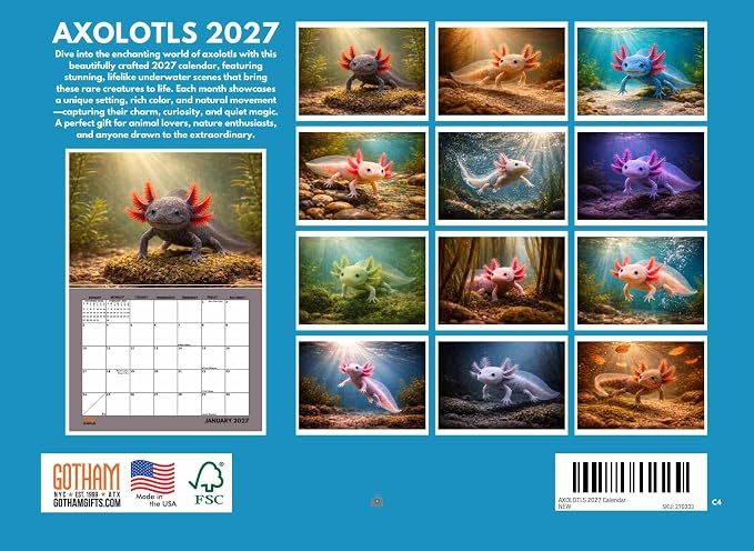 Axolotl Calendar 2027 Monthly Wall Calender 12 Month