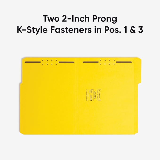 Smead Fastener File Folders, 50 Count, Yellow, Reinforced 1/3-Cut Tabs, 2 Fasteners, Letter Size (12940) (Pack of 5)