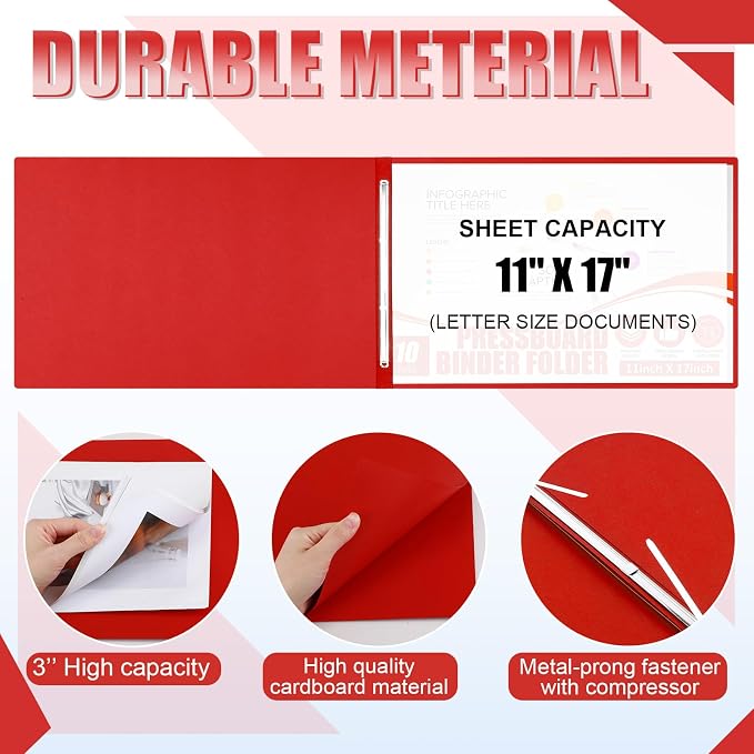 Resurhang 25 Pcs 11x17 Inch Pressboard Report Cover, 3" Capacity Presentation Binder Folder with Metal Prong Paper Fastener to Neatly Bind Reports Proposals Transcripts, Other Documents (Red)