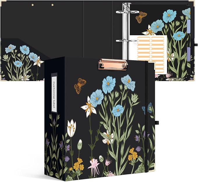 Ospelelf 3 Ring Binder for Letter Size Documents with 5 Tab Dividers, 3 Inch Ring, 4.4 Inch Spine, Black Floral Binder with Clip for School and Office Supplies, Moonlit Blossoms