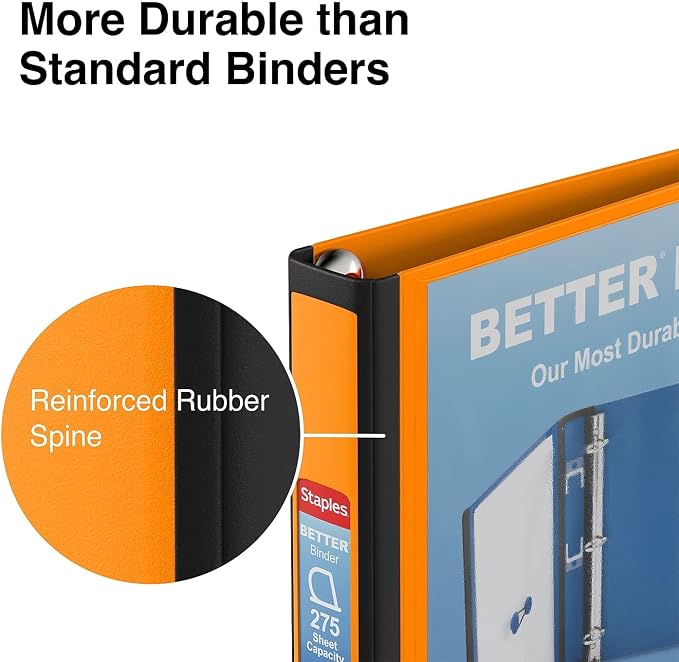 Staples Better Binder, 1-Inch D-Ring 3-Ring View, Orange, Durable | Built for office and school document organization and everyday use.