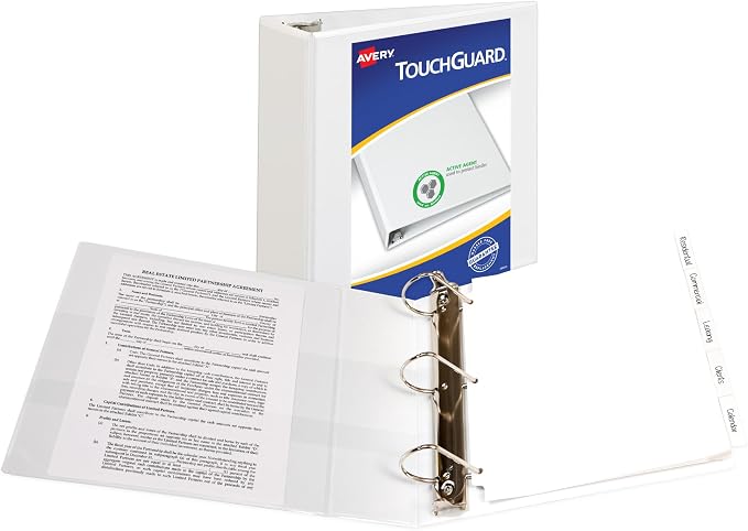 Avery TouchGuard Protection 3 Ring Binder, Customizable Cover, 4 Inch Slant Rings, 1 White Binder (17145) | For Daily School, Office and Hospital Use, TouchGuard Protection, Cleanable Cover, Smudge-Resistant Interior Pockets