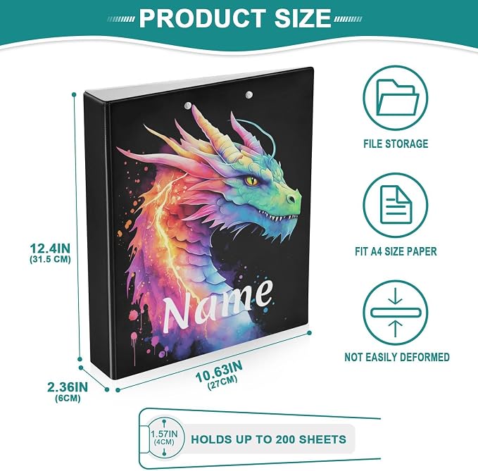 Custom 3 Ring Binder Lightning Dragon Watercolor 1.5" Round Ring Binders Personalized Name View Binder with 200 Sheet for Kids School Supplies Women Men Office, 1 Pack