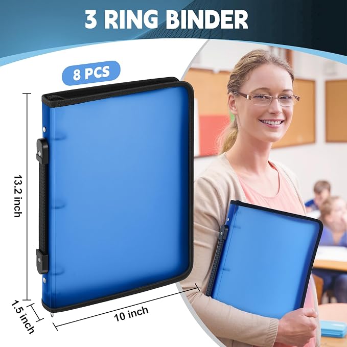 Teling 8 Pcs 1 Inch Zipper Binder 3 Ring Organizer, Blue | Secure Zipper Closure, Refillable 3 Ring Design, Handle Carry, Fits Letter Size Papers for School, Office and Projects