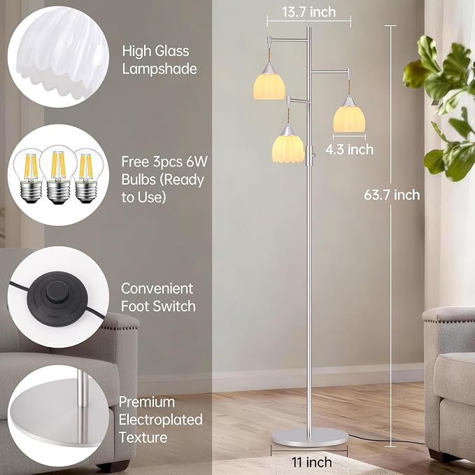 Shenmoyl Stepless Dimming Floor Lamps for Living Room, Bedroom, Nickel Standing Lamp with 3pcs 6W Bulbs, Vintage Floor Lamp for Corner, Nursery (White Tulip)