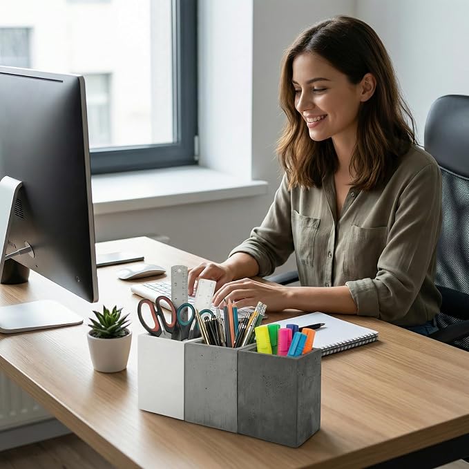MyGift Pen Holder Pencil Holder For Desk,Pen Cup Holder For Desk,Concrete Desktop Pencil Cup,Modern Gray-Tone,Set of 3 | Functional Minimalist Pen Holder, Stylish desktop organizer keep writing essentials neatly arranged for Home and Office Desks