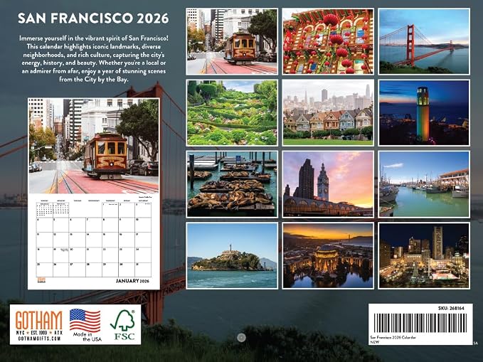 San Francisco Calendar 2026 Wall 12 Month Monthly CA SF Scenic Souvenirs Californian San Franciscan Themed Gifts | American Made In The USA