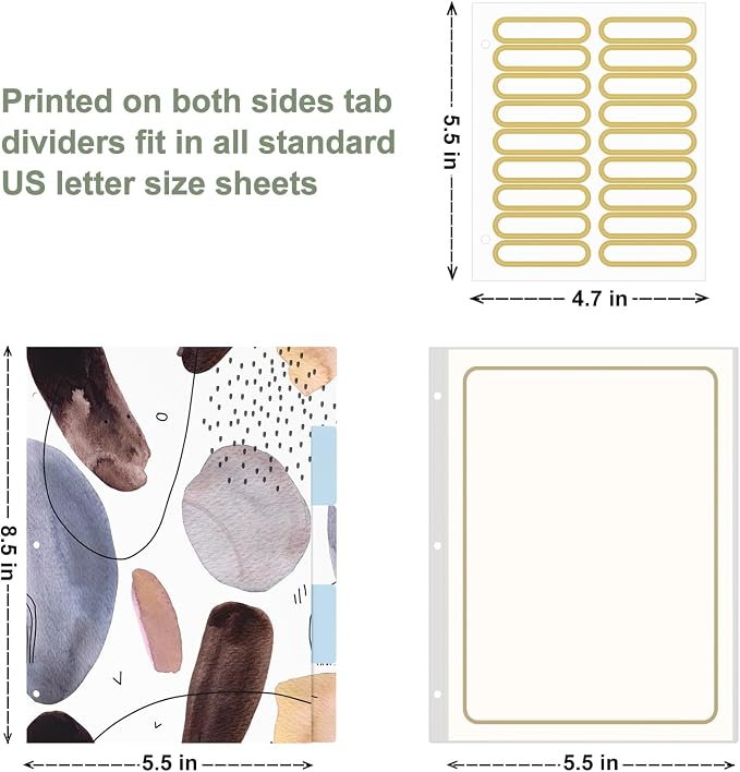 Rouidr Mini 3 Ring Binder with Clipboard, 1 inch Round 8.5 x 5.5 in Cute Binders Organizer with 5 Dividers Tabs & Clear Sleeves, School Supplies, Office Supplies, Minimalist Art