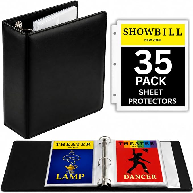 Playbill Binder with Sleeves, Broadway Showbill Organizer Gifts for Theater | Holds 35 Playbills in Protective Sheets. Black Show Bill Book Holder, Album, Display and Storage for Play Bill Collections